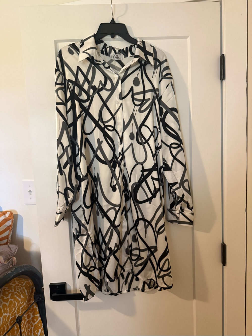 Jon & Anna Black and White Script Print Long Sleeve Shirt Dress